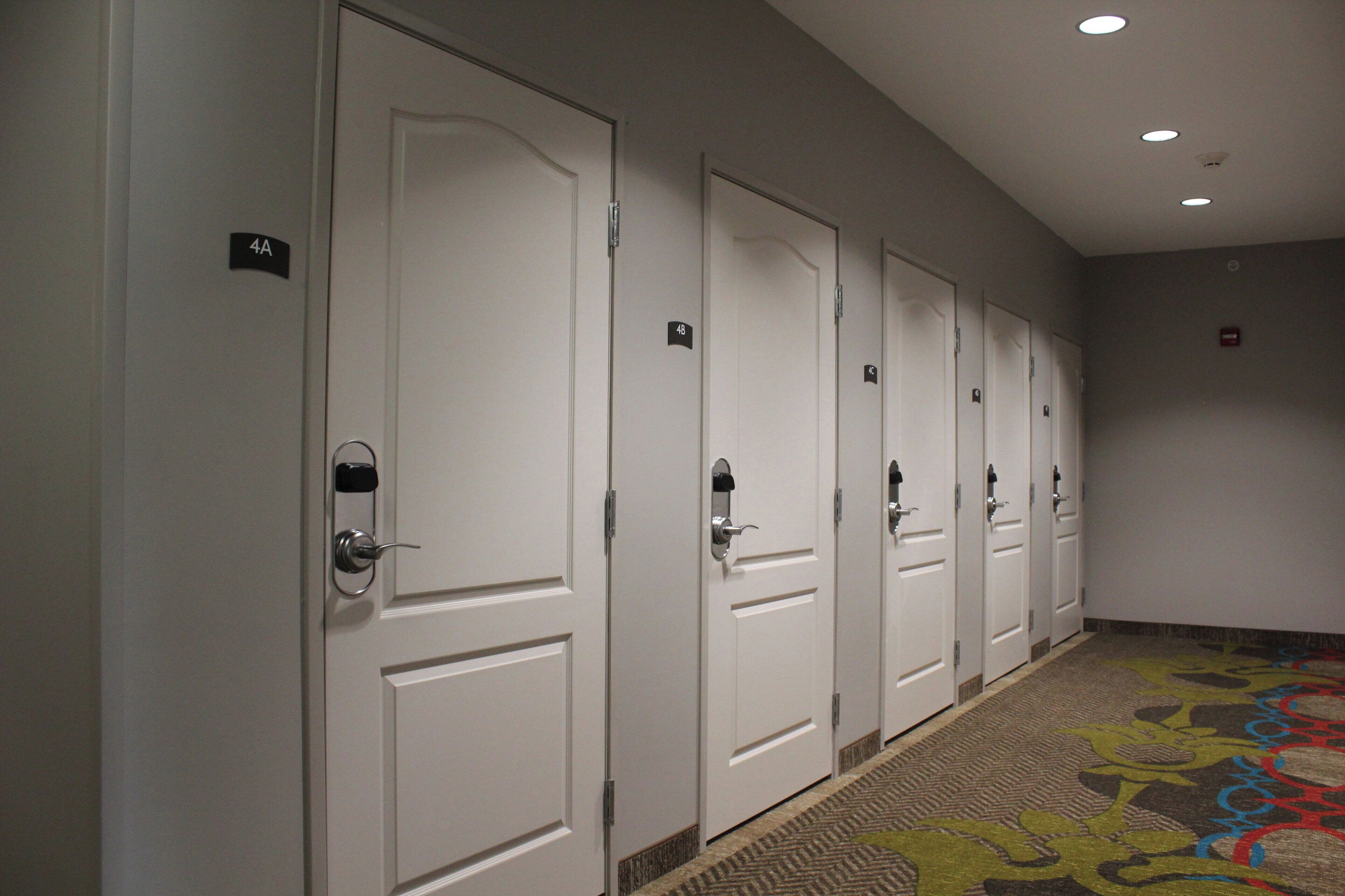 A row of white doors with numbered signs, a patterned carpet, and a ceiling with recessed lighting.