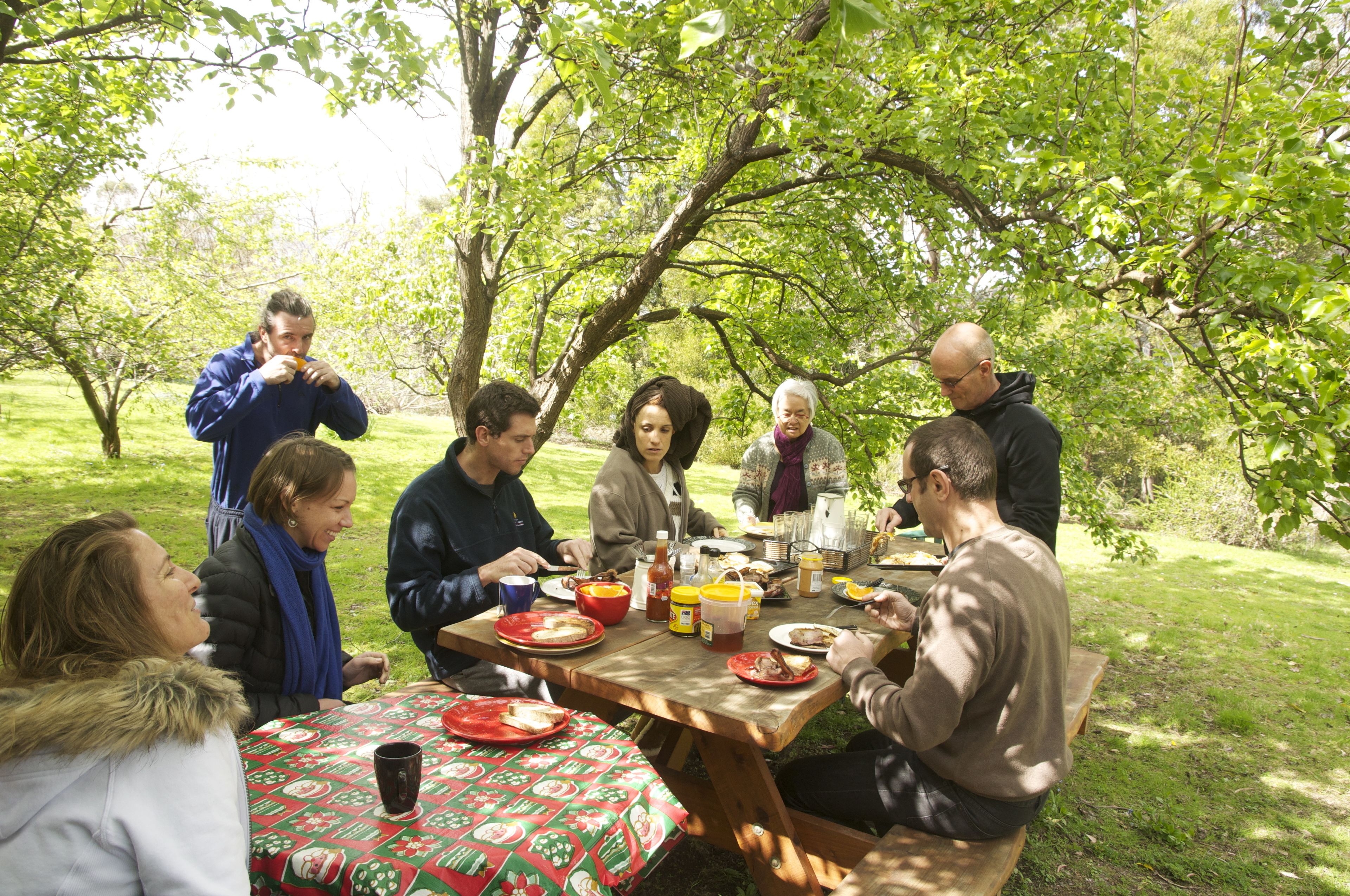 A group of people seated around a wooden picnic table outdoors, enjoying a meal.