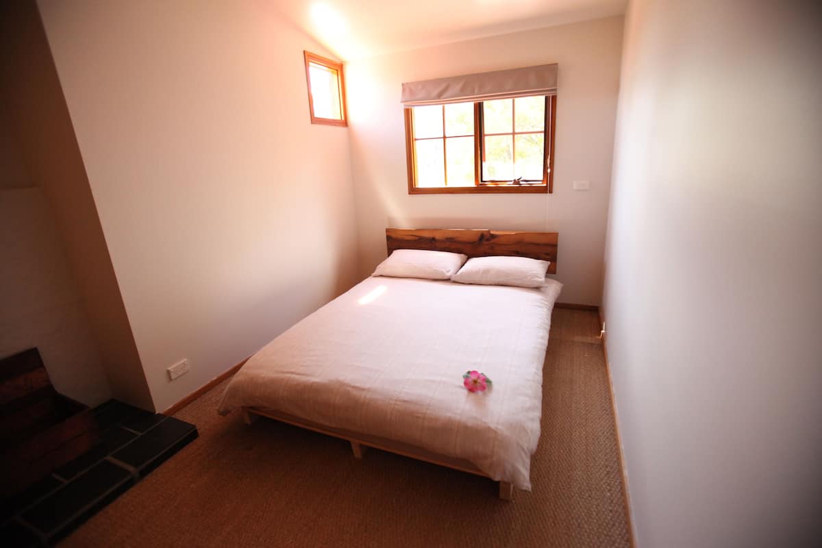 A bedroom with a single bed, a window with a view, and a carpeted floor.