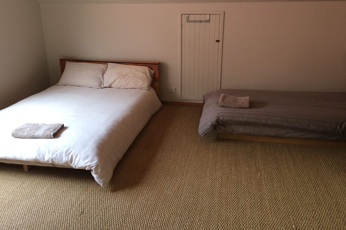 A bedroom with two beds, a door, and a carpeted floor.