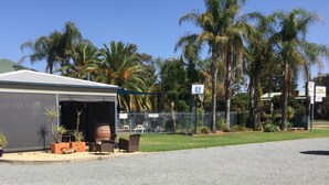 A covered outdoor area with a seating arrangement, a basketball hoop, and a fenced garden with palm trees. - Sunrise Motel (Barooga)