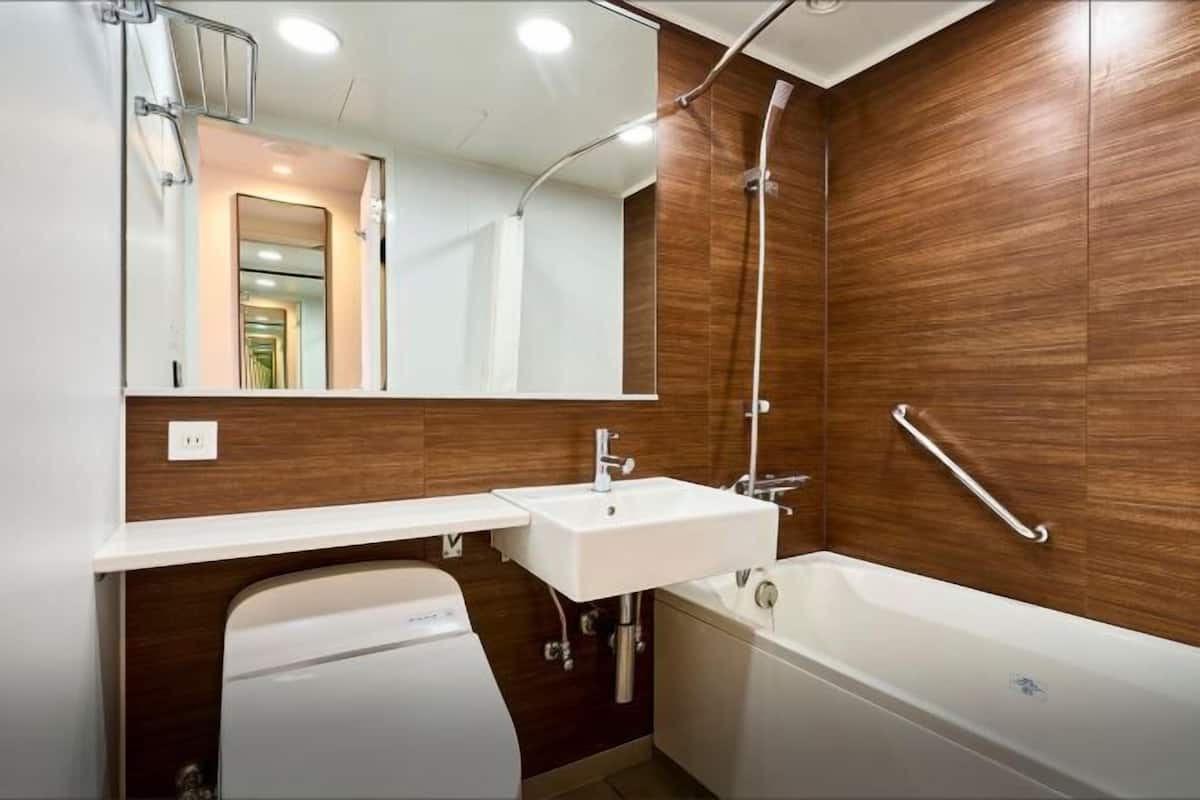 Combined shower/tub, deep soaking tub, free toiletries, hair dryer