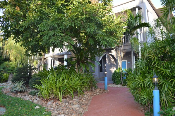 A pathway leading to a building with a covered entrance, surrounded by lush greenery and a variety of plants.