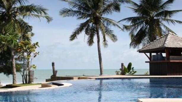 Una piscina con vista al océano, rodeada de palmeras y un pequeño pabellón.