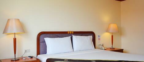 A hotel room with a bed, two bedside lamps, a nightstand, and a telephone.