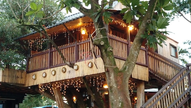 Une cabane dans les arbres avec une structure extérieure en bois, un balcon doté de rampes et illuminé de guirlandes lumineuses.