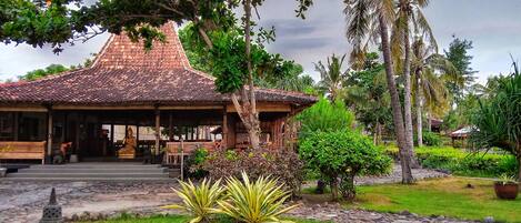 A traditional building with a tiled roof, surrounded by lush greenery and palm trees.