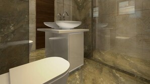A modern bathroom with a large sink, a mirror, and a shower area. - Rezo's Hotel (Baga)