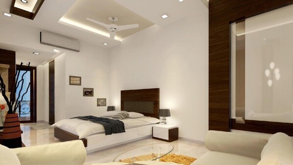 Deluxe kamer | Een kluis op de kamer, een bureau, geluiddichte muren