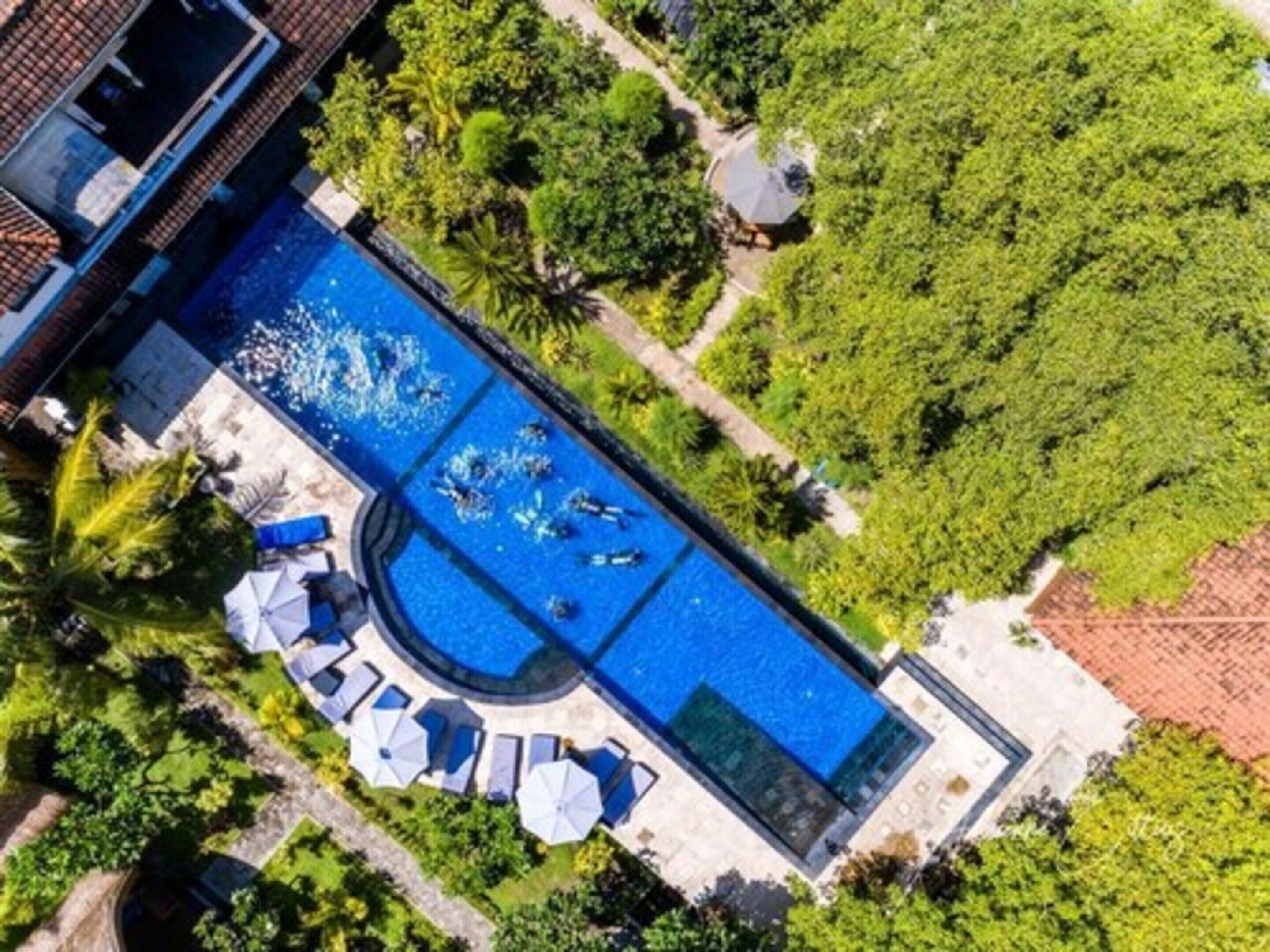 Vista aerea di una piscina circondata da vegetazione lussureggiante, con lettini e ombrelloni.