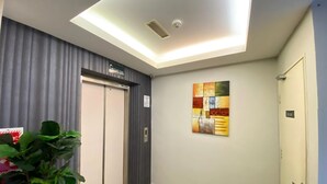 A hallway with a ceiling light, an elevator, a wall-mounted artwork, and a potted plant. - Seeds Hotel Setiawangsa (Ampang)