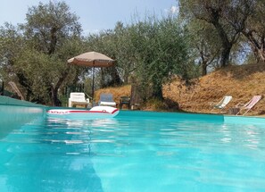 Outdoor pool, pool umbrellas, pool loungers
