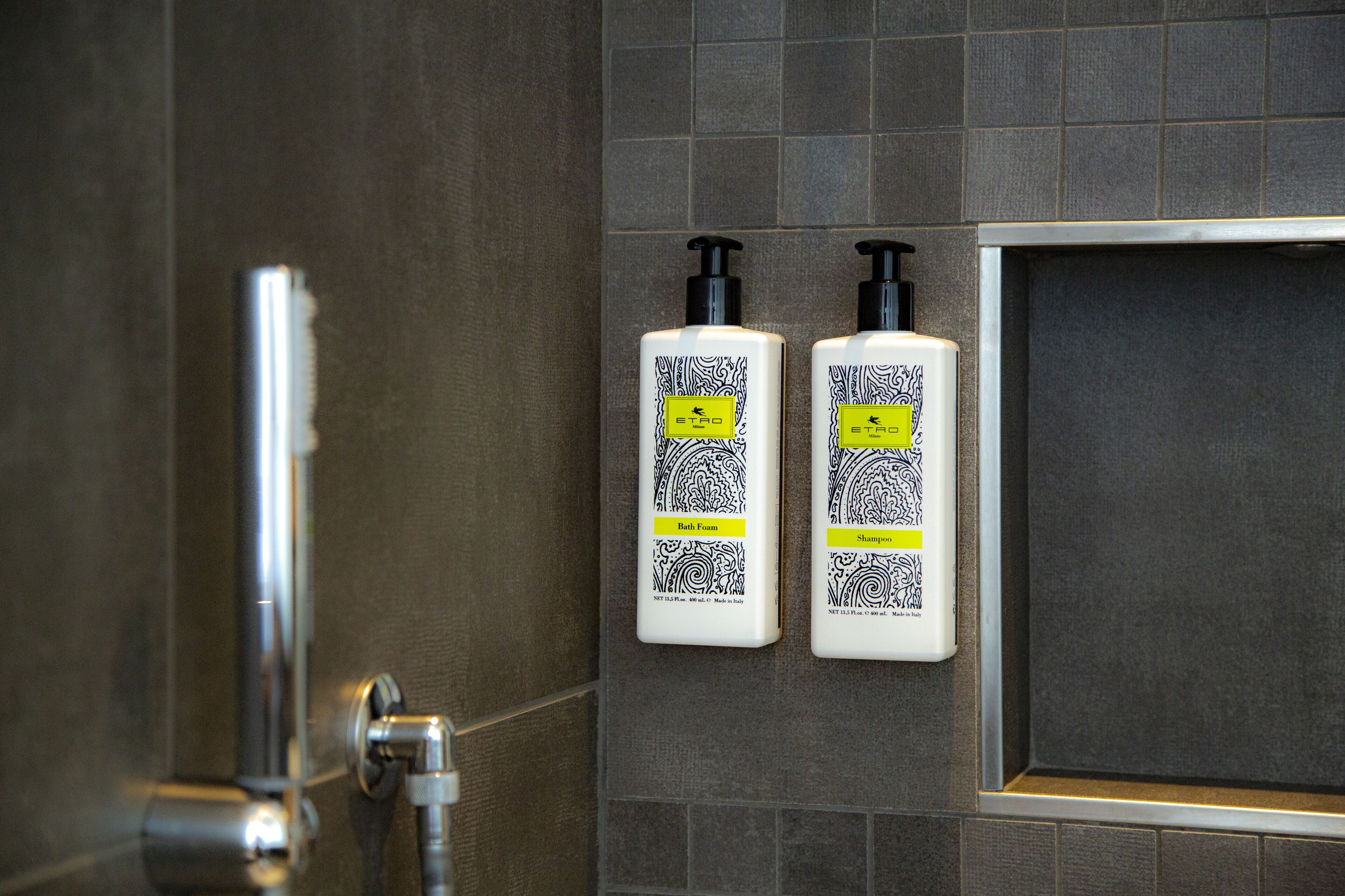 shower, rainfall showerhead, designer toiletries, hair dryer