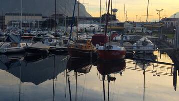 A marina with boats docked, a mountain in the background, and buildings with signage.