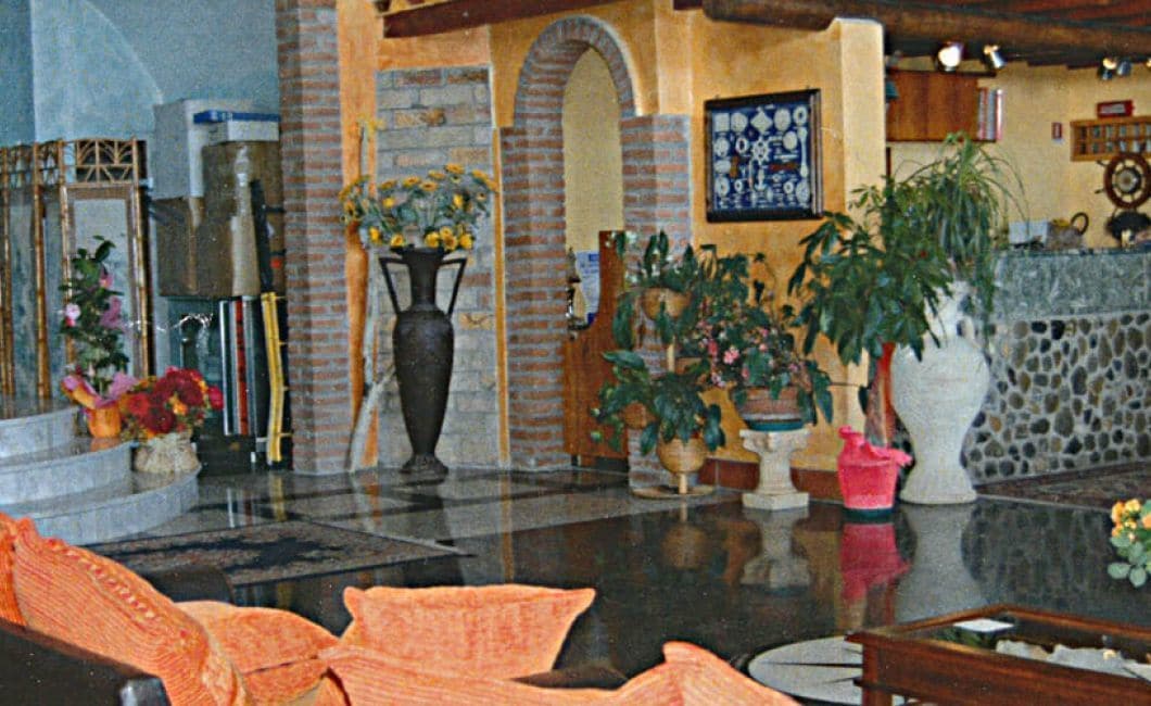 Un vestíbulo con pared de piedra, un jarrón grande con flores y varias plantas en macetas.