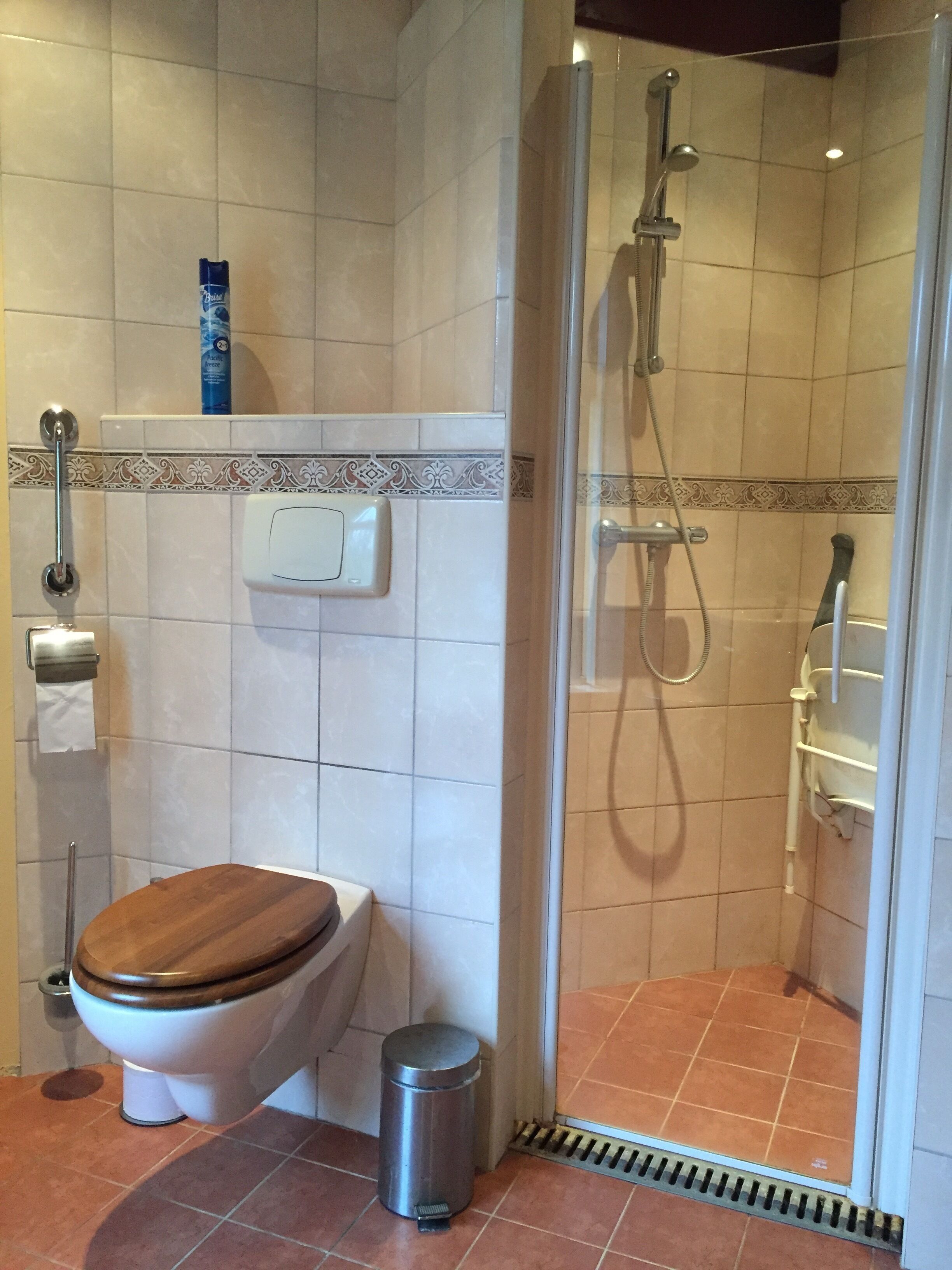 A bathroom with a toilet, a bidet, a shower, and a trash can.