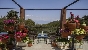 Una terraza con múltiples macetas de terracota llenas de flores, una mesa de vidrio y sillas, con vistas a un paisaje montañoso.