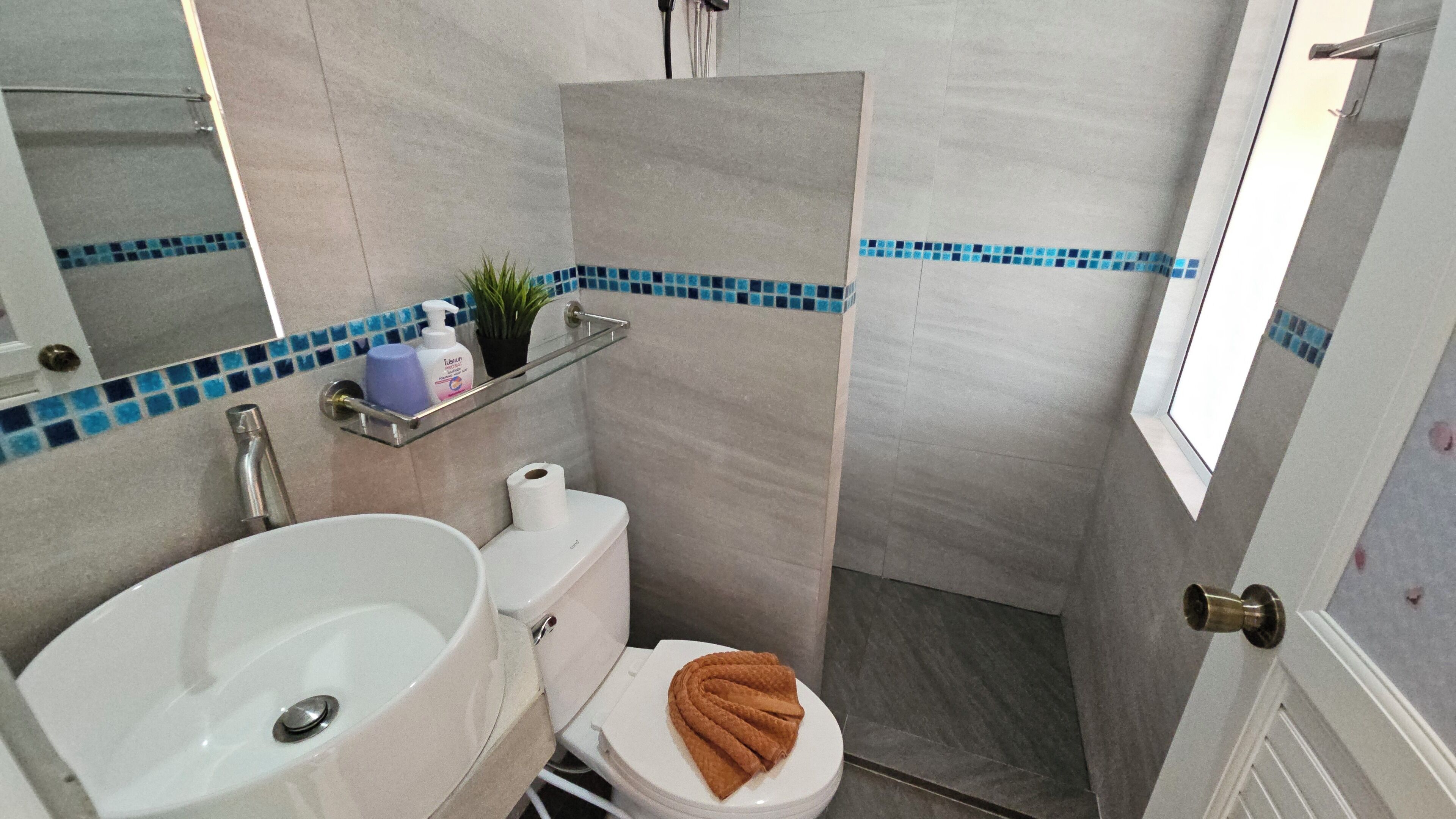 A bathroom with a white sink, toilet, and shower. There is a shelf with toiletries and a plant.