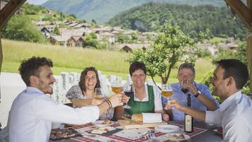 Un grupo de personas brindando con bebidas en una mesa al aire libre, con vistas a un pueblo y montañas al fondo.