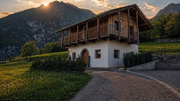 A chalet-style building with a balcony, set against a mountainous backdrop during sunset.
