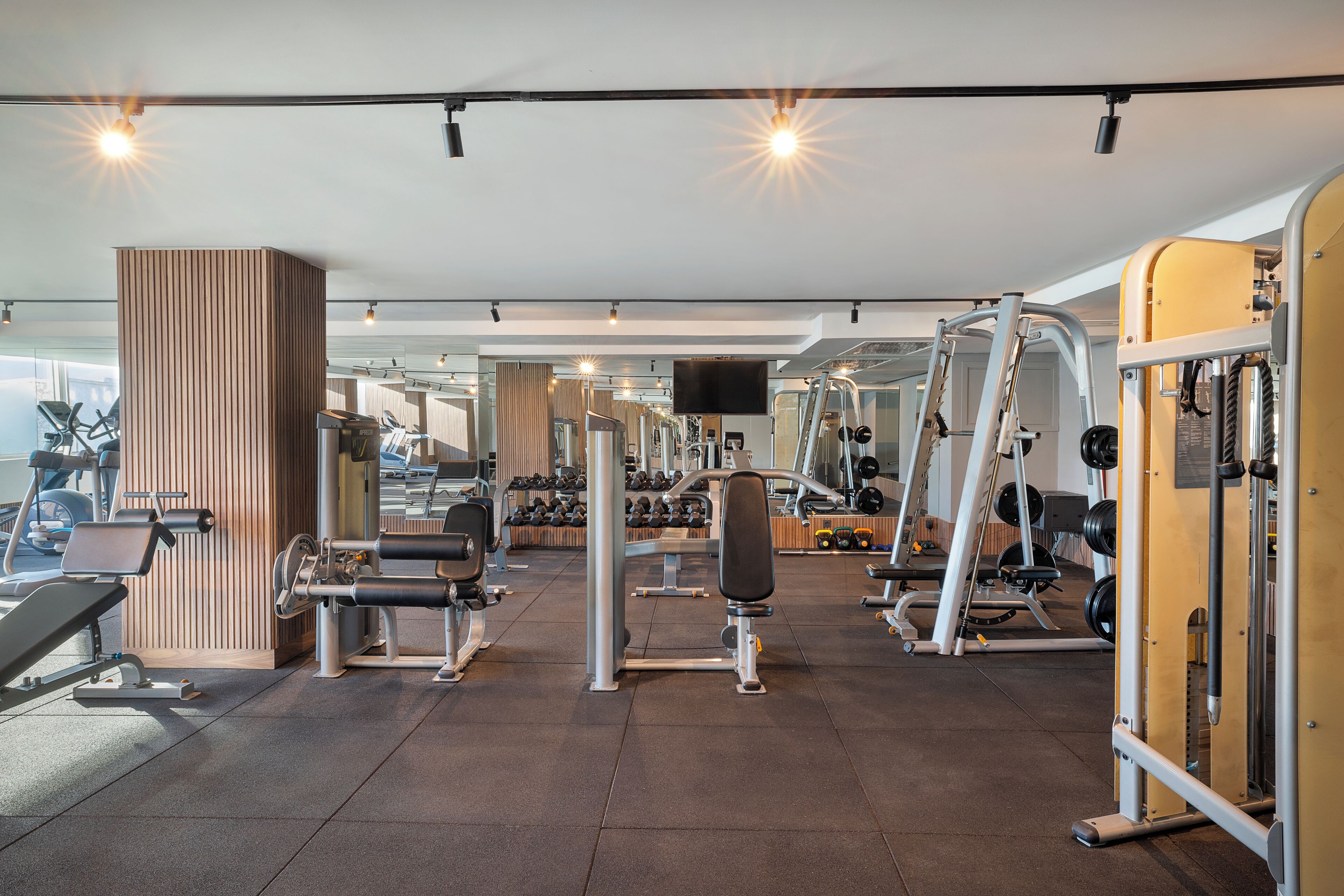 A gym with various exercise equipment, including weight machines and free weights.