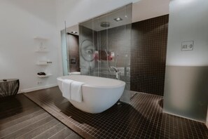 Shower, rainfall showerhead, designer toiletries, hair dryer