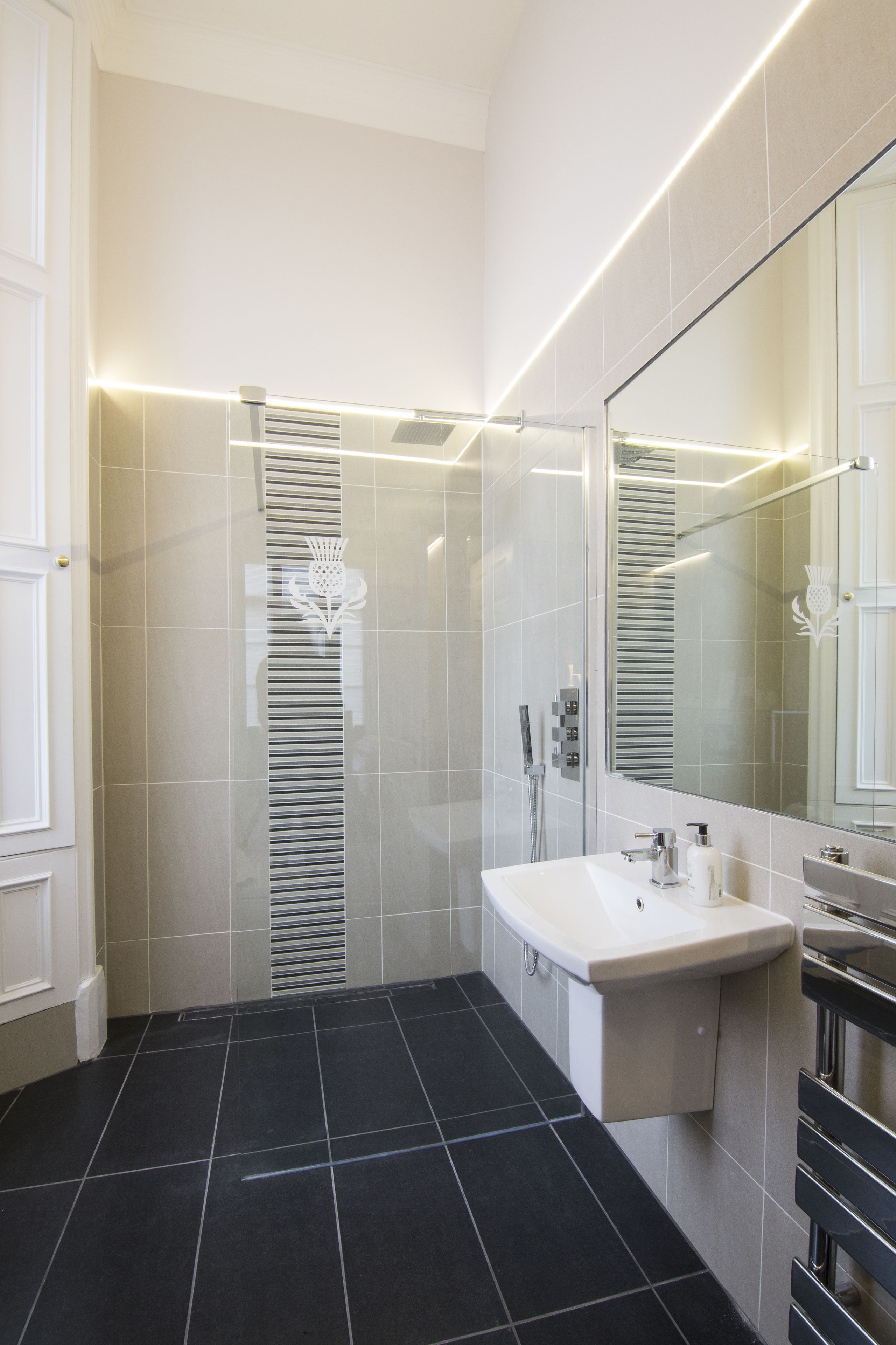 A modern bathroom with a glass shower enclosure, a white sink, and a large mirror.