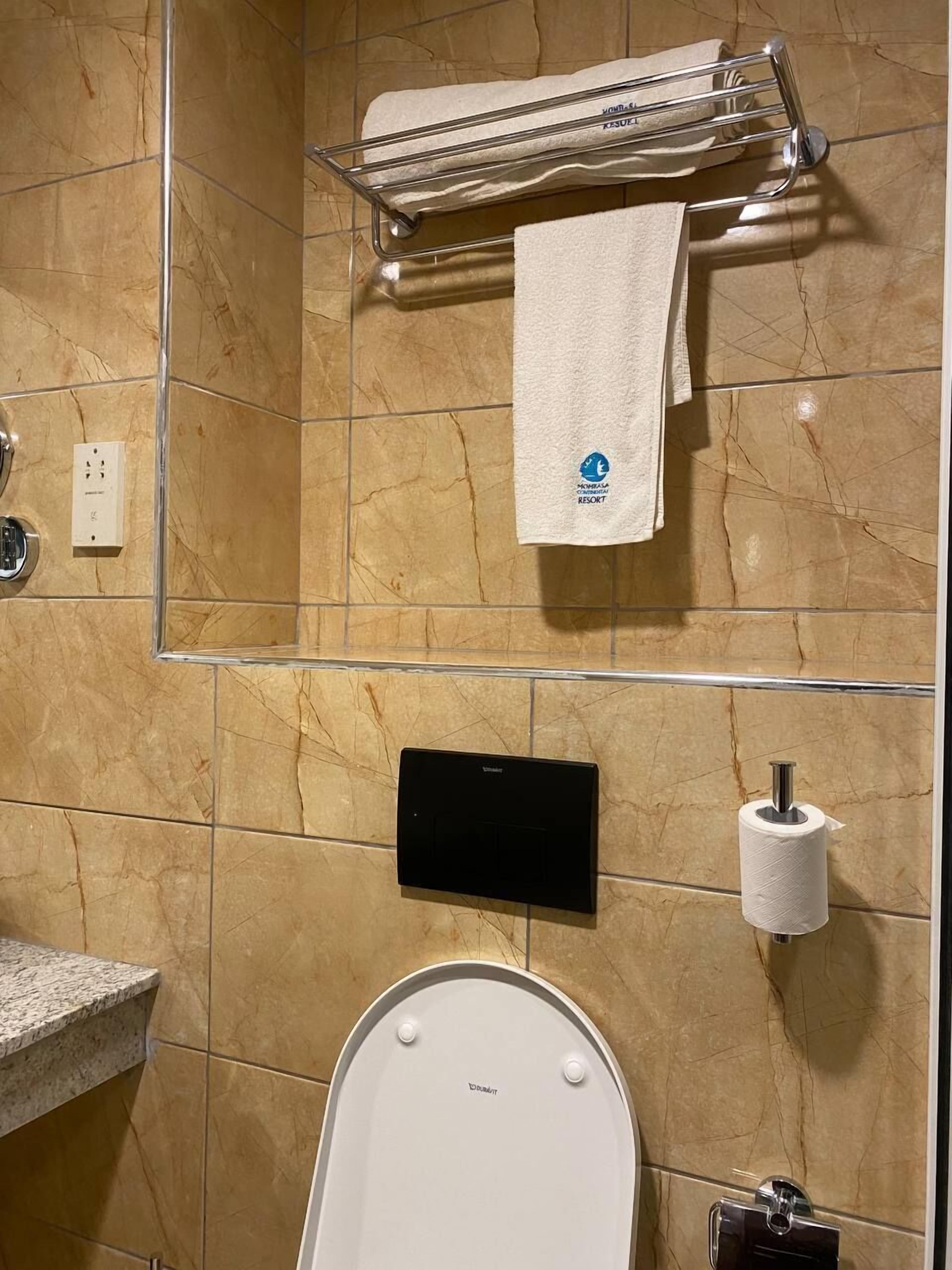 A bathroom with a marble wall, a towel rack with a towel, a toilet paper holder, and a power outlet.