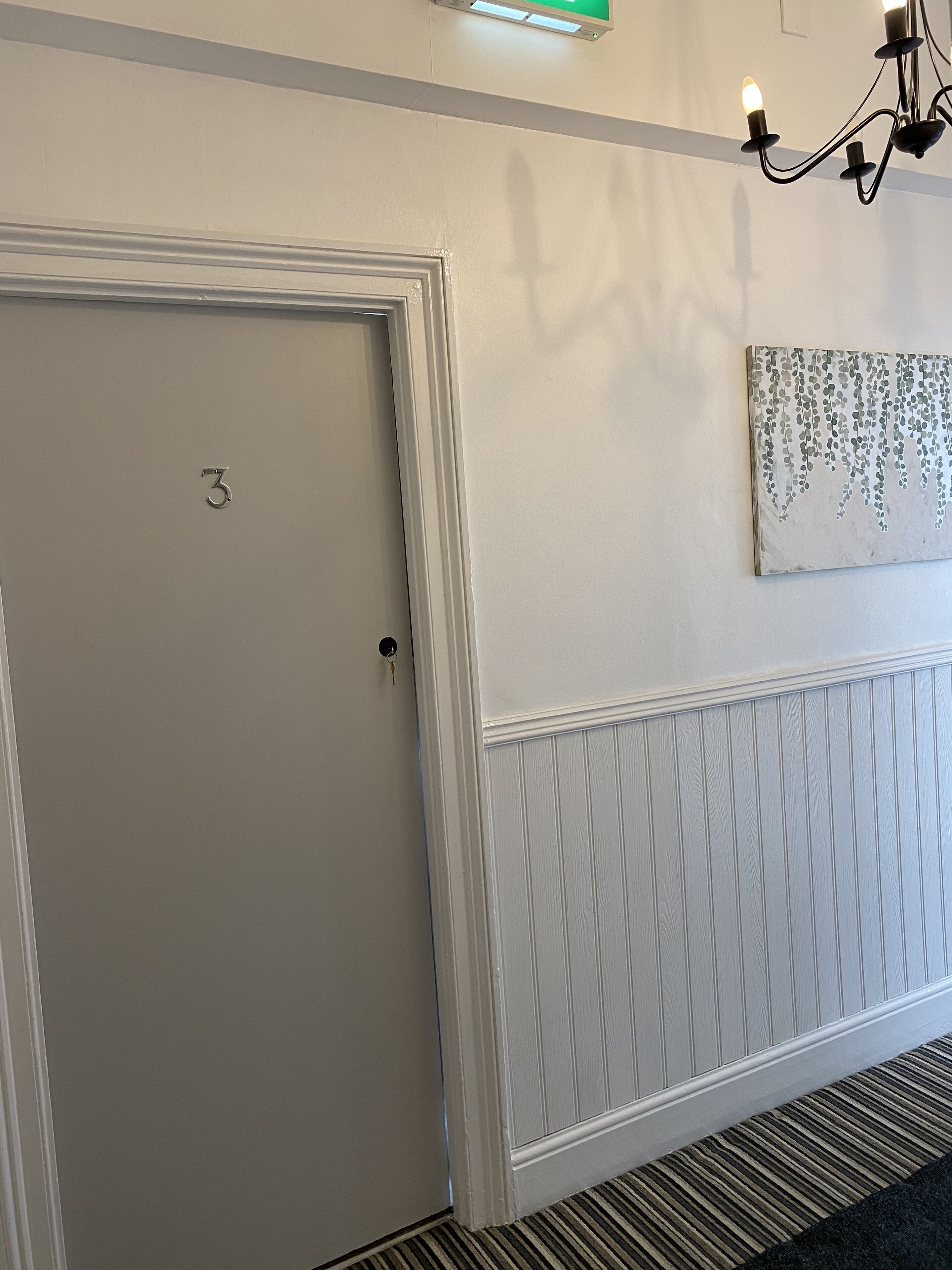A hallway with a door marked with the number 3, a wall-mounted artwork, and a chandelier.
