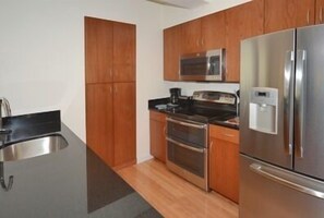 Standard Apartment, 1 Bedroom, Accessible, City View | Private kitchen | Full-size fridge, microwave, stovetop, coffee/tea maker