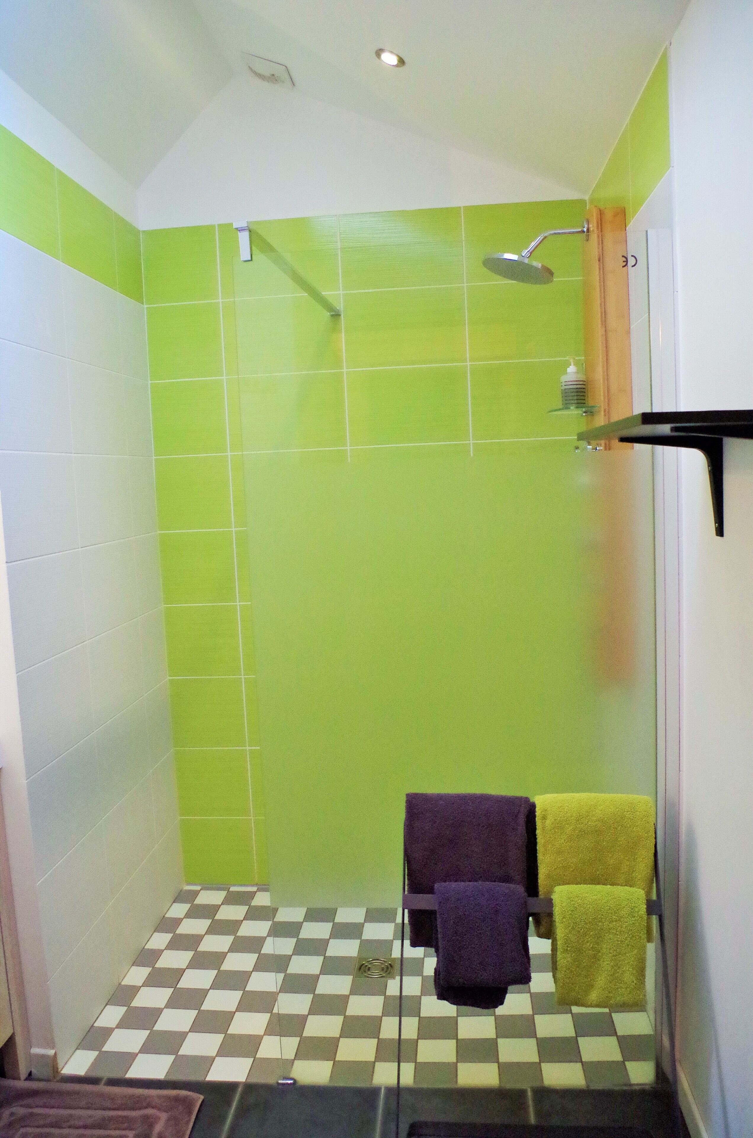 Une petite salle de bain avec une douche, un carrelage à motifs et deux serviettes posées sur un porte-serviettes.