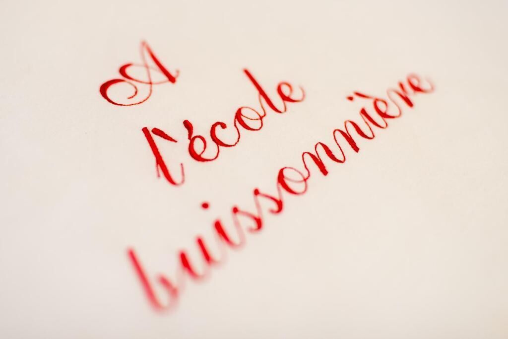 A close-up of a red cursive text on a white background.