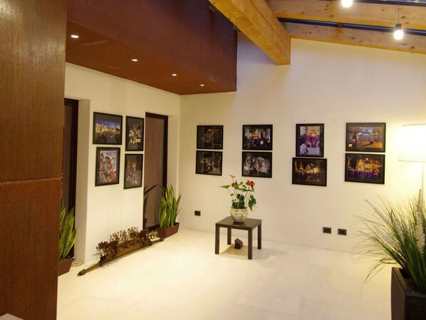 A gallery with framed photographs on the walls, a small table with a vase of flowers, and potted plants.