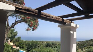 Piscina con vista al mar, rodeada de vegetación y una pérgola de madera.