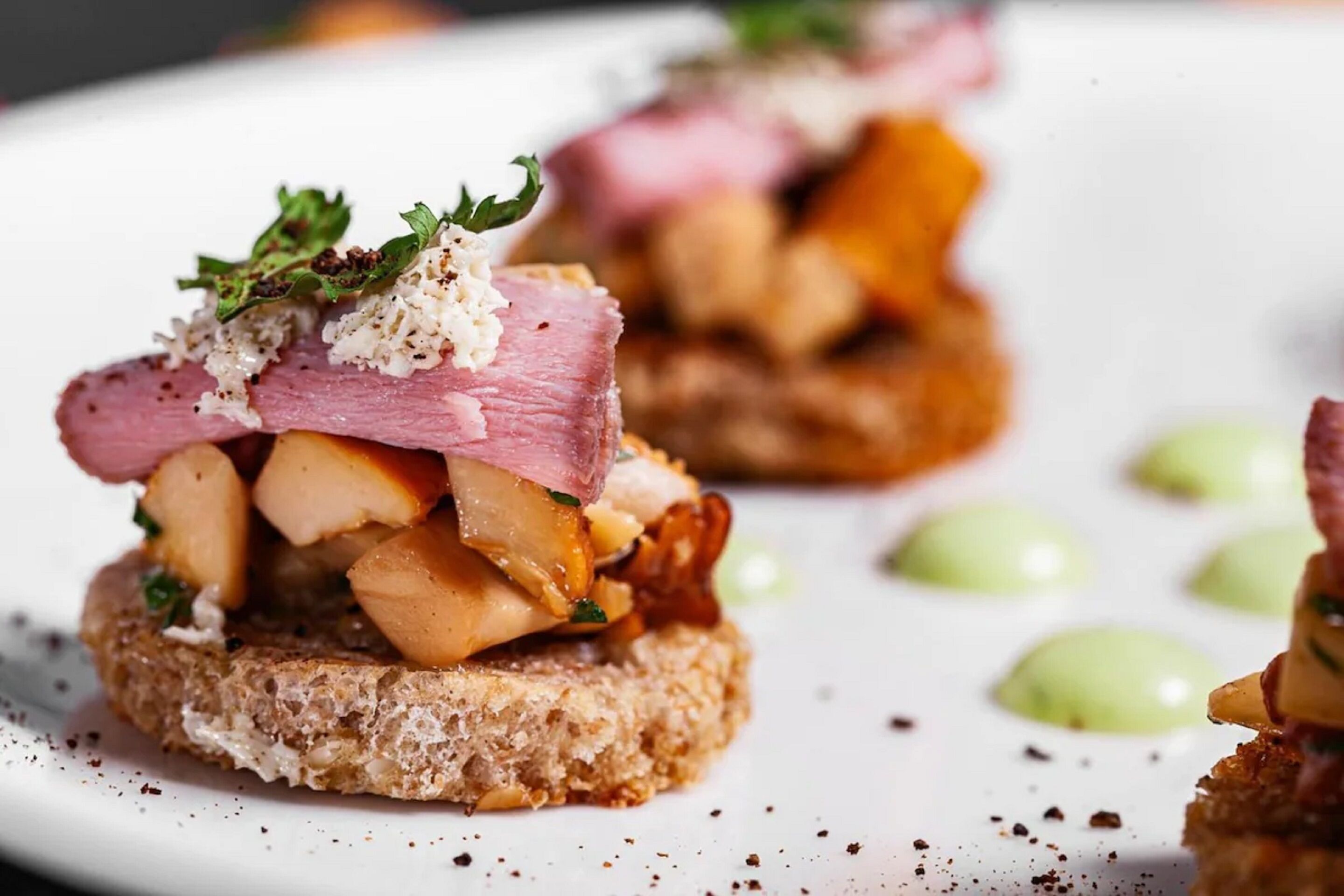 A close-up of a gourmet appetizer with meat, vegetables, and a garnish on a slice of bread.