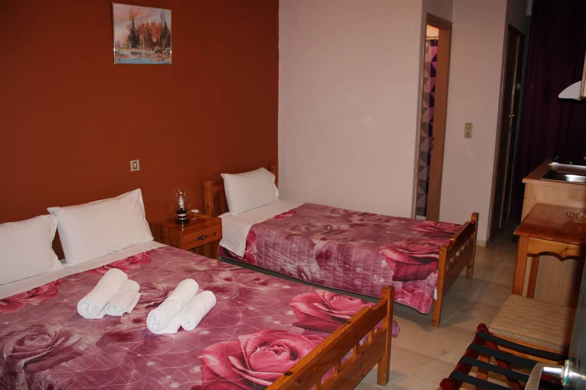 Habitación de hotel con dos camas, cada una con una colcha estampada y almohadas blancas. Hay una silla de madera y una mesita con un espejo.