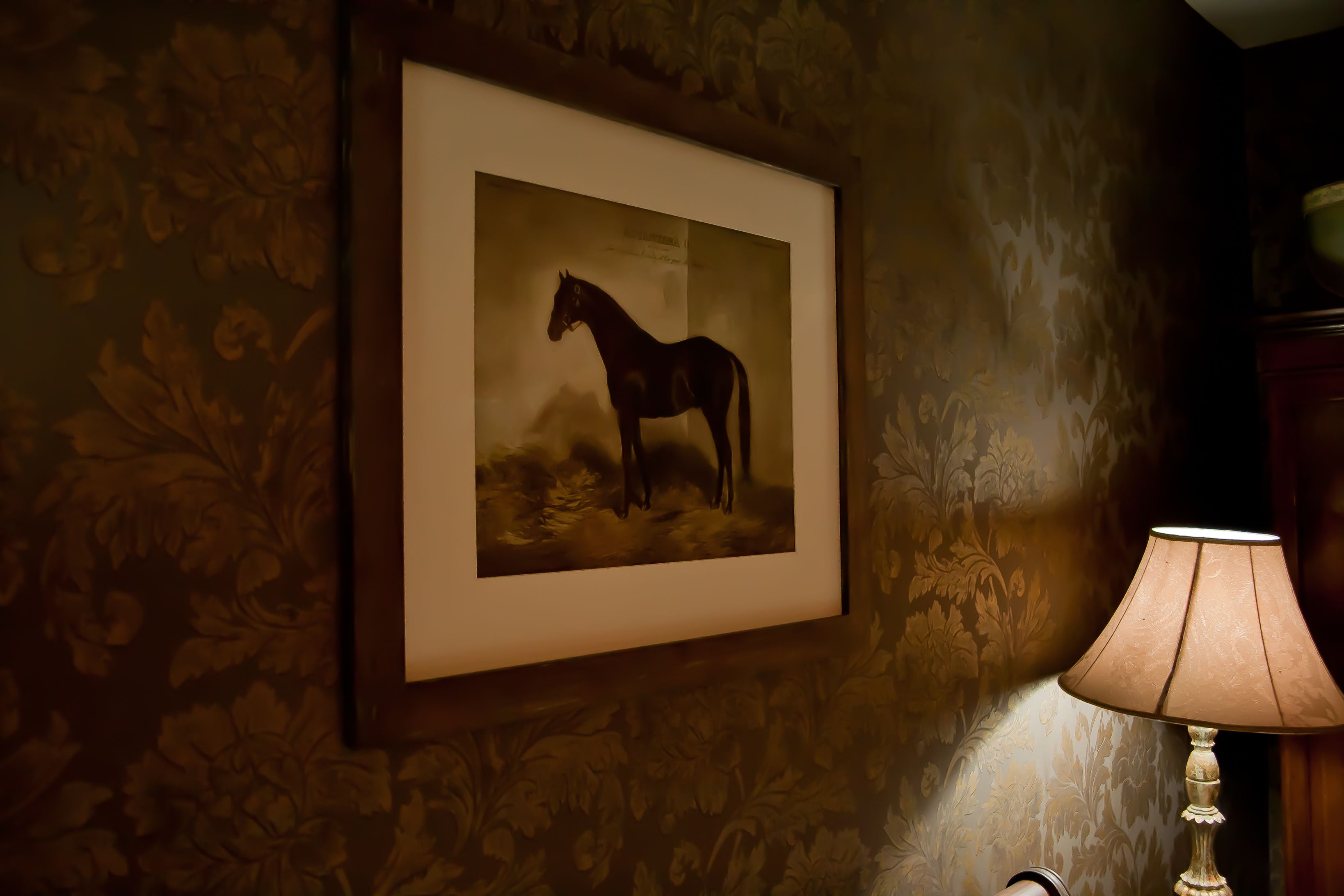 A framed picture of a horse on a wall with floral wallpaper and a lamp beside it.