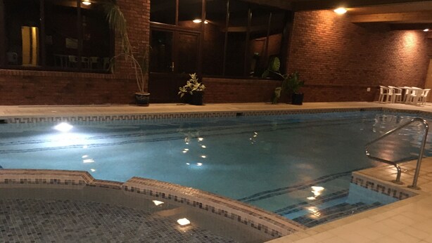 An indoor swimming pool with tiled flooring, a diving board, and potted plants. - Four Seasons Bed and Breakfast (Carmarthen)