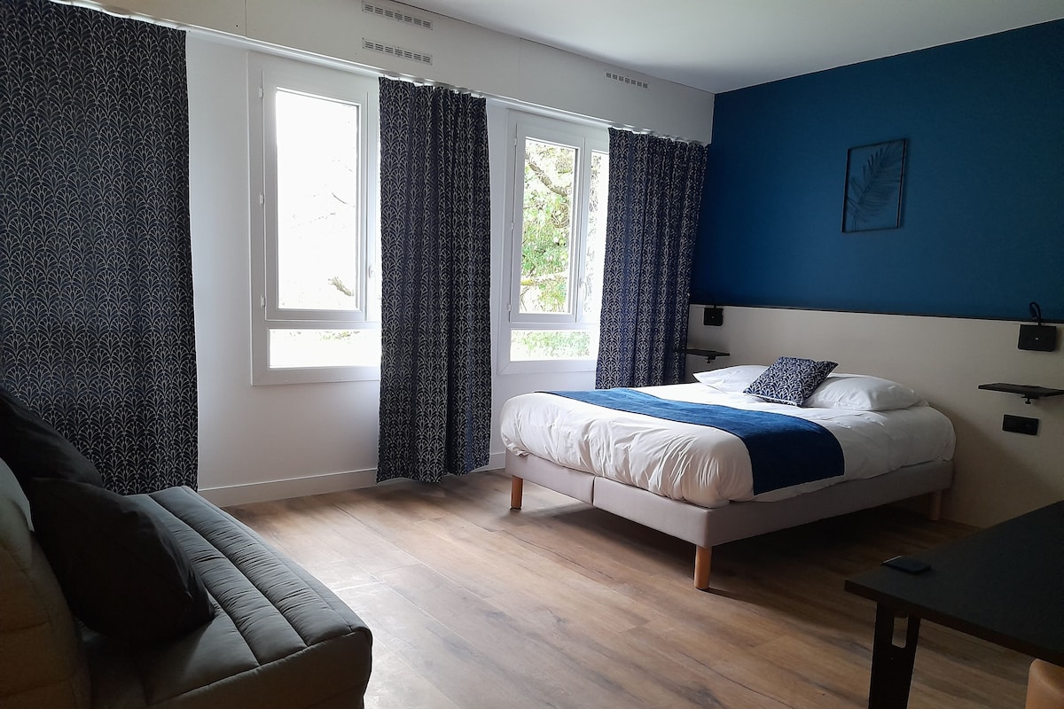 A bedroom with a bed, a sofa, and a desk.