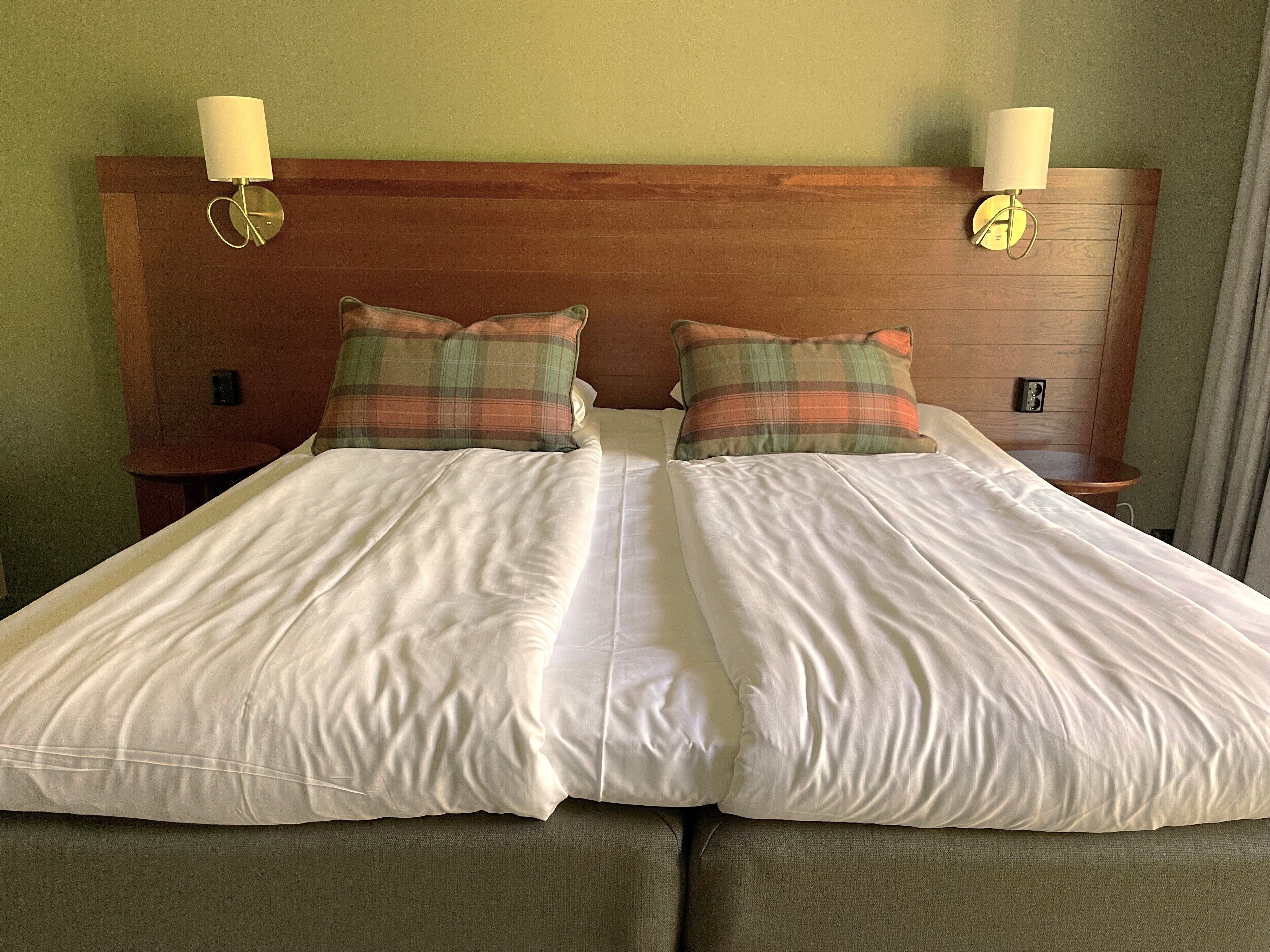 A double bed with two pillows, a wooden headboard, and two wall-mounted lamps.