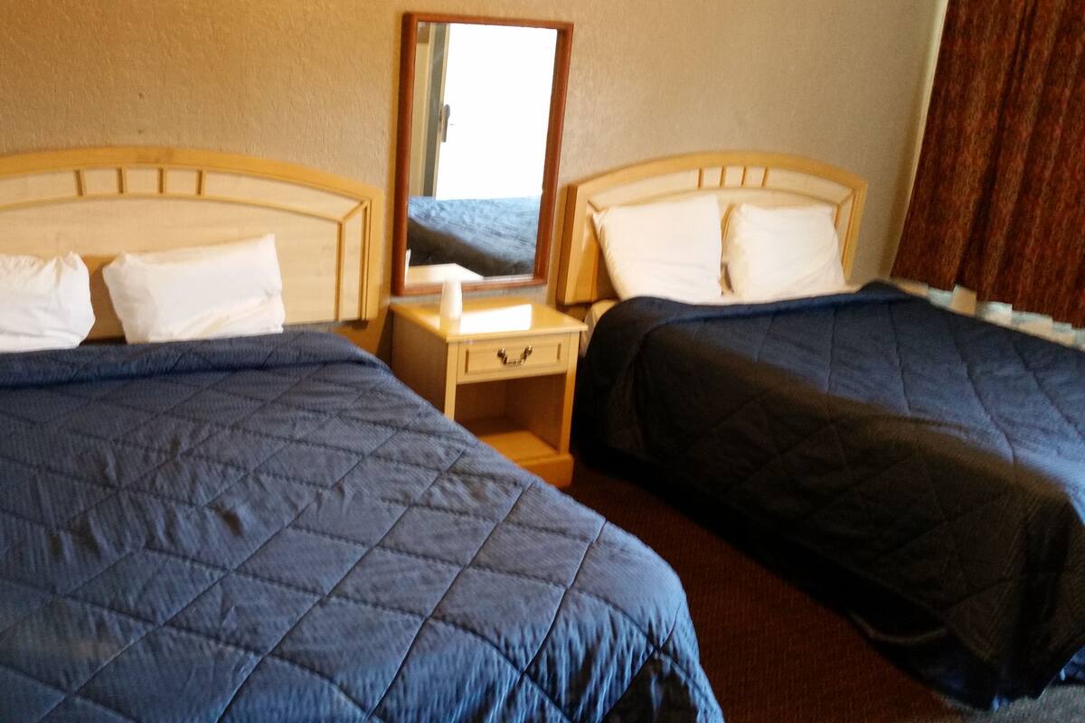 Una habitación de hotel con dos camas individuales, cada una con cabecero de madera y almohadas blancas. Hay una mesita de noche pequeña con una lámpara y una taza.