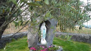 A statue of a woman in a blue dress, surrounded by flowers and a stone wall. - Aurora dell'Etna (Zafferana Etnea)