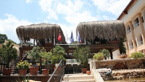 A building with a thatched roof structure, a stone wall with a water feature, and potted plants.