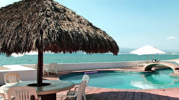 Outdoor pool, pool umbrellas, pool loungers