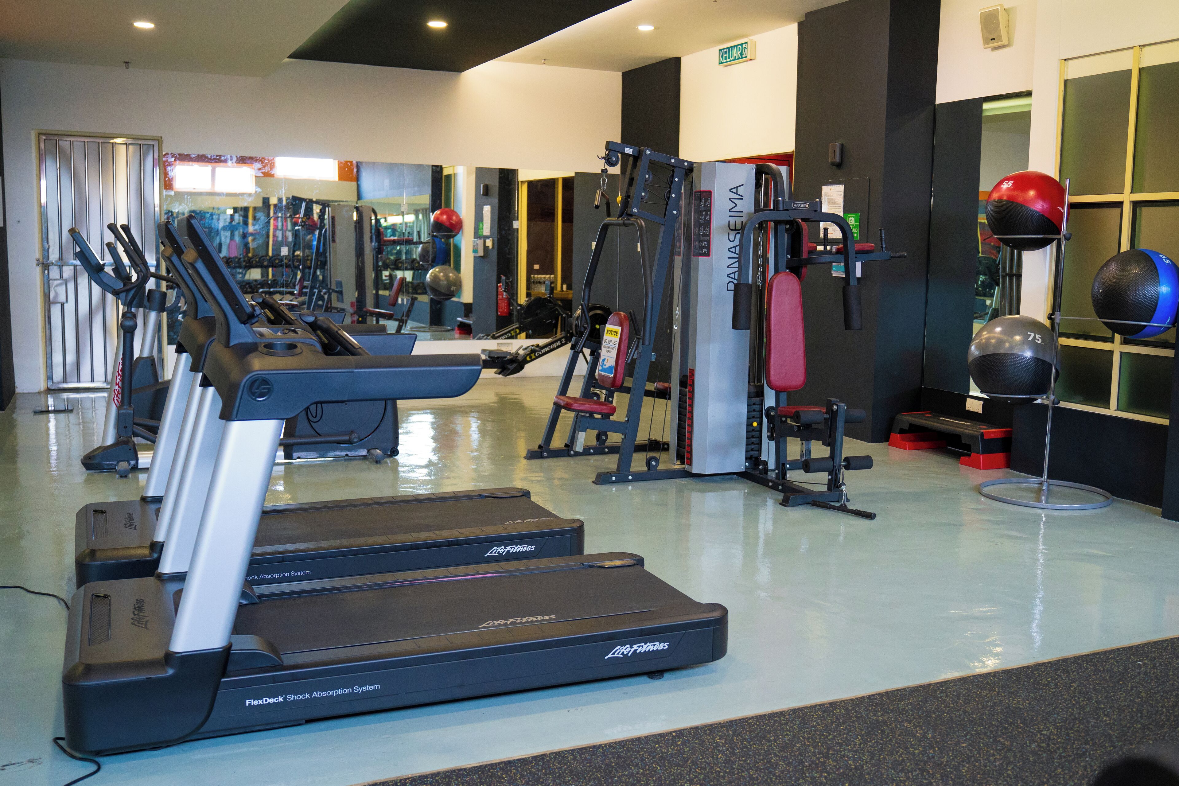 A gym with treadmills, weight machines, and exercise balls.