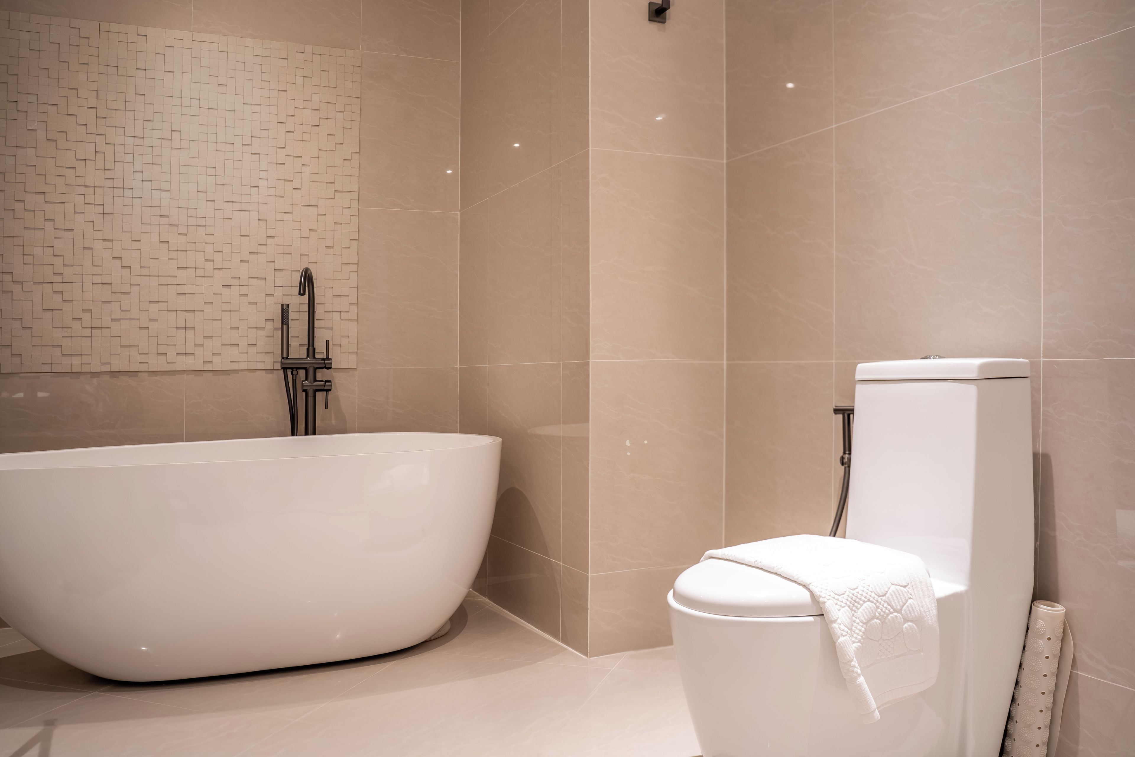 A modern bathroom with a freestanding bathtub, a toilet, and a shower area.