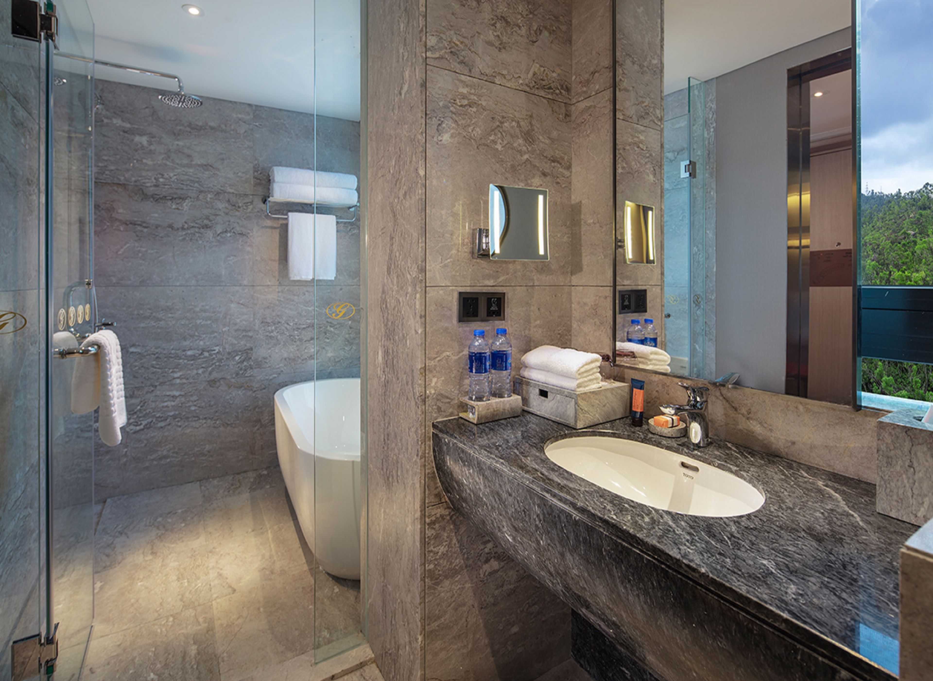 separate bathtub and shower, free toiletries, hair dryer, dressing gowns