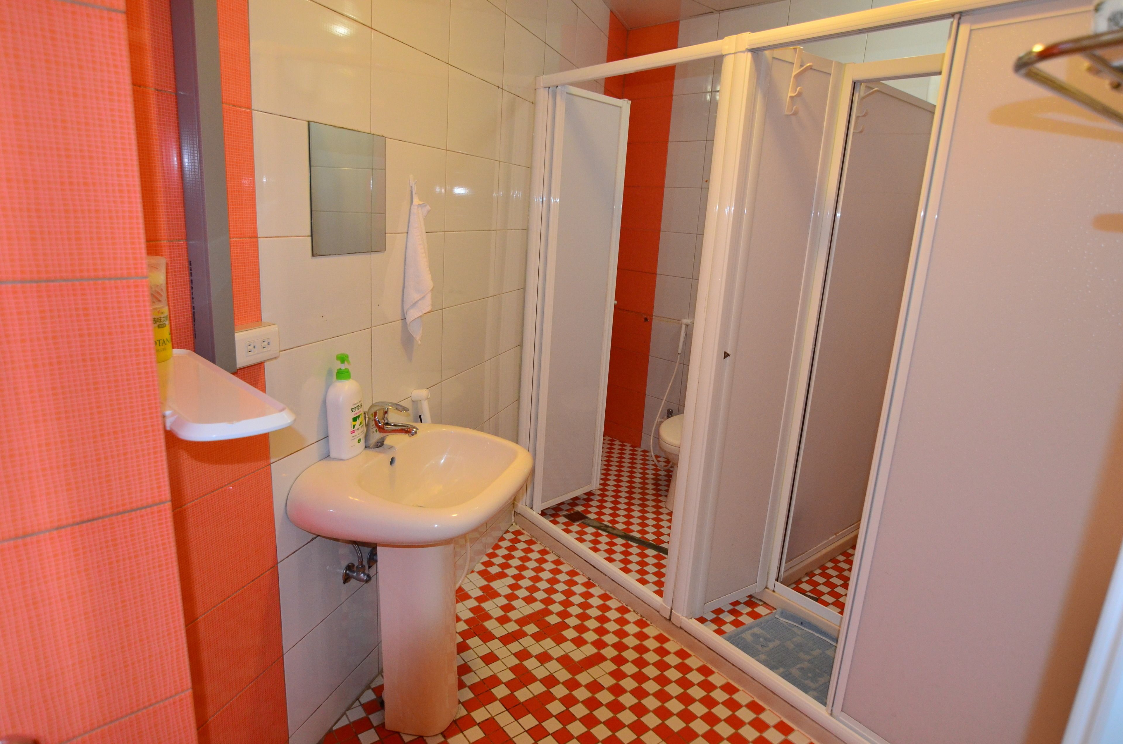 A bathroom with a white sink, a mirror, and a shower enclosure.