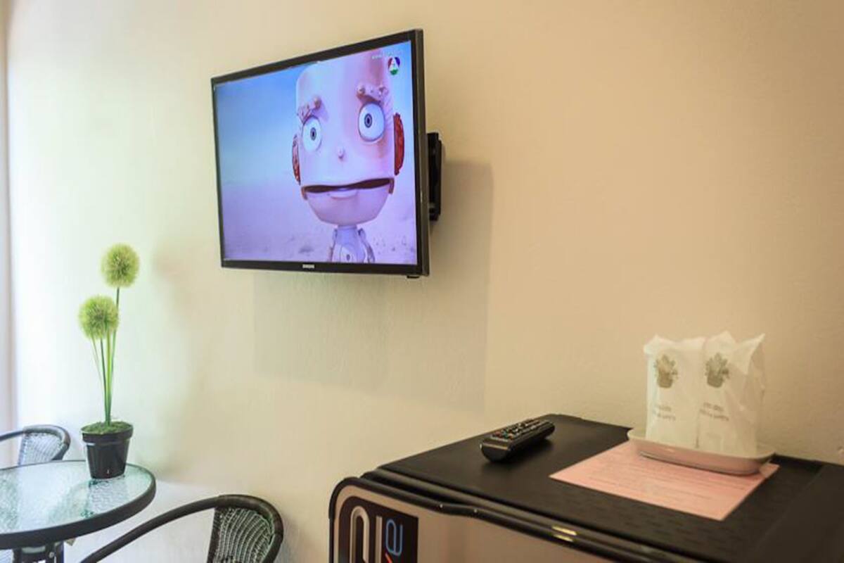 A hotel room with a television mounted on the wall, a small table with a remote control and a tissue box, and a potted plant on the side table.