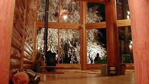 L’intérieur d’une cabane en rondins, avec de grandes fenêtres, un plafond en bois et une cheminée.